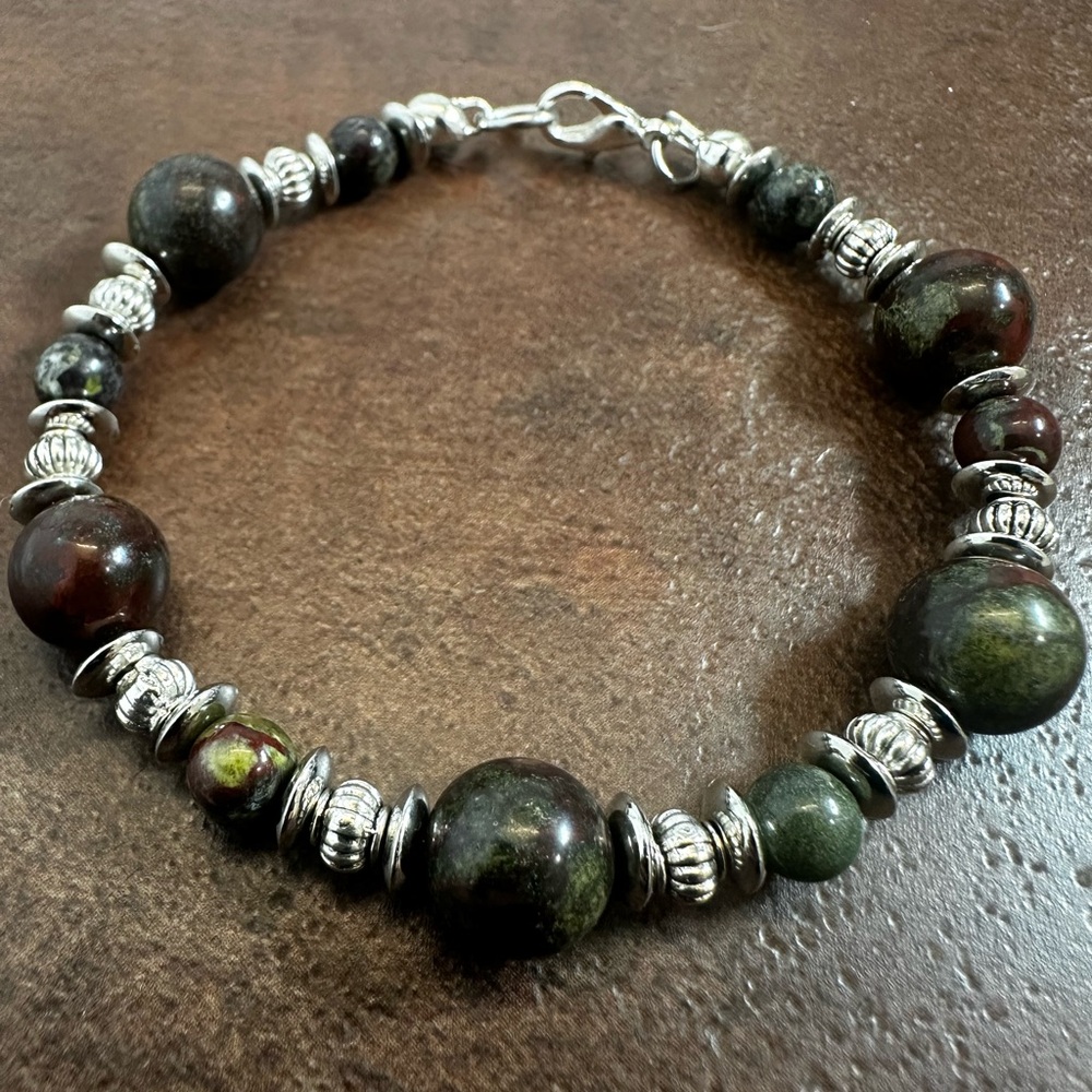 Chic Silver and Dragon Blood Jasper Dark Green Beaded Bracelet